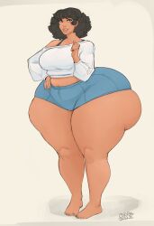 1girls 2022 absurd_res april_(berggie) ass ass_bigger_than_torso ass_body ass_expansion berggie big_ass big_breasts black_hair blue_eyes breasts clothed clothing denim denim_shorts digital_media_(artwork) enormous_ass female female_only gigantic_ass hi_res huge_ass large_ass looking_at_viewer massive_ass shorts simple_background solo standing thick_thighs wide_hips