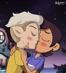 1boy 1girls background blush closed_eyes disney disney_channel disney_xd duo earrings fully_clothed hand_on_back hand_on_shoulder hunter_(the_owl_house) javisuzumiya kissing luz_noceda male night outdoors parody portrait scar shadow short_hair signature smooth_skin stars tears the_owl_house