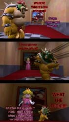 1boy 2futas 3d 3koma anthro big_breasts bowser casual_exposure casual_nudity completely_nude dialogue flaccid_penis futa_giantess futa_with_male futanari giant_futanari giantess hallway koopaling macro_futa mario_(series) micro micro_male micro_on_macro nintendo nude nude_futanari nude_male nutmansfm painting penis princess_peach shrinking super_mario_64 super_mario_bros. wendy_o._koopa