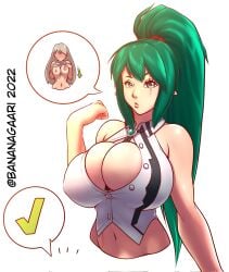 2022 bananagaari big_breasts green_hair looking_at_viewer phantasy_star_online_2 ponytail scar_across_eye tight_clothing