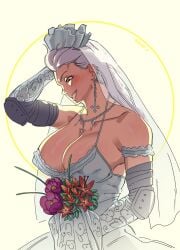 1girls big_breasts bouquet bridal_veil bride cross_earrings dorohedoro ear_piercing earrings female_only large_breasts noi_(dorohedoro) solo solo_female