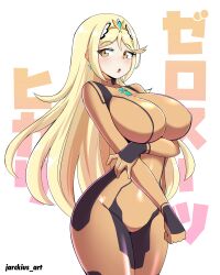 1girls big_breasts blonde_hair bodysuit female hi_res jarckius latex long_hair looking_at_viewer mythra nintendo orange_bodysuit png skin_tight solo tiara xenoblade_(series) xenoblade_chronicles_2 zero_suit