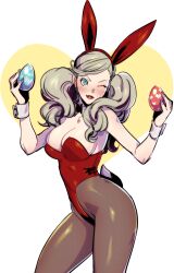 ann_takamaki big_breasts black_legwear blonde_hair blush breasts bunny_ears bunnysuit cleavage clothed easter easter_eggs female green_eyes kukumomo makeup one_eye_closed pantyhose persona persona_5 simple_background solo