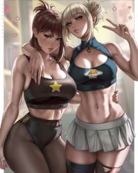 2girls abs bangs black_socks blonde_female blonde_hair breasts brown_eyes brown_hair cleavage clothing crop_top dandon_fuga female female_only highres himiko_toga large_breasts looking_at_viewer midriff my_hero_academia ochako_uraraka pantyhose peace_sign revealing_clothes skirt socks standing thick_thighs thigh_socks thighhighs toned wide_hips yellow_eyes