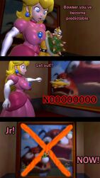 1futa 2boys 3d 3koma betrayal big_breasts blonde_hair blue_eyes bowser bowser_jr. clothed_female dialogue final_smash futa_giantess futa_with_male futanari giant_futanari giantess group implied_futanari macro_futa male mario_(series) micro micro_in_hand micro_male micro_on_breasts micro_on_macro nintendo nutmansfm painting princess_peach super_mario_64 super_mario_bros. tagme throwing throwing_character