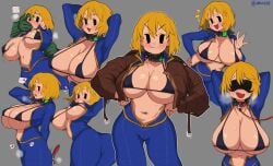 ass bethesda_softworks big_ass big_breasts blonde_hair clothing collar explosive_collar fallout fallout_(series) jumpsuit large_ass leash mob_face outerwear slave_collar vault_girl vault_meat vault_suit waa153