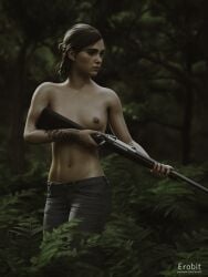 1girls 3d 3d_(artwork) abs areolae bottomwear breasts brown_hair casual clothing ellie_(the_last_of_us) ellie_williams erobit female female_focus female_only firearm forest forest_background freckles front_view gun half-dressed half_naked hi_res human jeans looking_away naughty_dog nipples nudity outdoors pale_skin pants pinup rifle short_hair small_breasts solo solo_female solo_focus sony_interactive_entertainment tattoo tattoo_on_arm tattooed_arm the_last_of_us the_last_of_us_2 tied_hair toned_female topless topless_female tree weapon