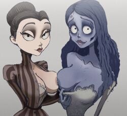 2girls big_breasts blue_skin breast_press breasts corpse_bride drpizzaboi1 emily_(corpse_bride) female female_only light-skinned_female multiple_girls one_breast_out perky_breasts victoria_everglot zombie zombie_girl