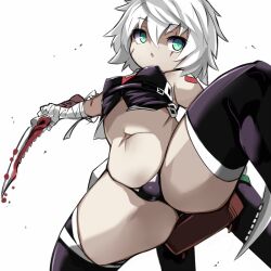 1girls ass bandaged_arm bandages bangs bare_shoulders black_legwear black_panties blood commentary_request covered_nipples eyebrows_visible_through_hair fate/apocrypha fate_(series) female fighting from_below gloves green_eyes holding holding_knife implied_death jack_the_ripper_(fate/apocrypha) karukan_(monjya) knife looking_at_viewer navel open_mouth panties perky_breasts scar scar_across_eye scar_on_cheek scar_on_face short_hair silver_hair simple_background skimpy sleeveless_jacket solo solo_female spread_legs tattoo thighhighs thong underwear white_background white_hair