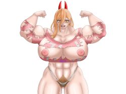 1girls abs biceps blonde_hair breast_expansion bursting_breasts bursting_clothes chainsaw_man demon demon_girl dripping_pussy female female_pubic_hair flex flexing flexing_arms flexing_bicep flexing_biceps hairy_pussy horn huge_biceps huge_breasts huge_muscles humanoid light-skinned_female light_skin muscle_growth muscles muscular_female nipples nude nude_female omnislayer1993 pink_nipples power_(chainsaw_man) pubic_hair sharp_teeth shirt_rip shredded_clothes smile sole_female solo_female sweater thick_thighs torn_clothes torn_clothing torn_panties torn_shirt torn_sweater wet_panties wet_pussy yellow_eyes