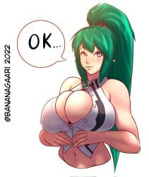 2022 bananagaari big_breasts eye_roll green_hair phantasy_star_online_2 ponytail scar_across_eye tight_clothing