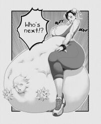 asian asian_female belly big_belly blush chun-li clothing dialogue female huge_belly huge_breasts imthegate large_breasts same_size_vore street_fighter vore