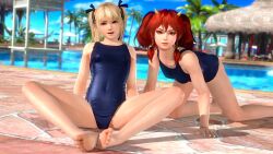 2girls 3d blonde_hair blue_eyes breasts clothed clothing dead_or_alive dead_or_alive_5 dead_or_alive_xtreme_venus_vacation feet female female_only green_eyes hair_ribbon horns kanna_(dead_or_alive) leotard long_hair longpole looking_at_viewer marie_rose one-piece_swimsuit petite pool poolside red_hair school_swimsuit sitting small_breasts spread_legs summer swimsuit twintails