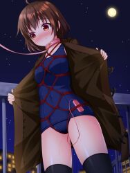 1girls ahoge akarin_(sakuraakarin) bangs black_legwear blue_sky blue_swimsuit blush bondage breasts brown_coat brown_hair closed_mouth coat collar collarbone commentary_request controller covered_navel cowboy_shot embarrassed embarrassment exhibitionism female flashing full_moon gradient_sky hands_up highres leash looking_away looking_to_the_side moon night nose_blush one-piece_swimsuit open_clothes open_coat original outdoors public_indecency pussy_juice railing red_eyes remote_control remote_control_vibrator rope sex_toy shibari_over_clothes shiny shiny_hair short_hair sidelocks sky small_breasts solo standing star_(sky) swimsuit tears thighhighs thighs vibrator vibrator_under_clothes wet wet_clothes wide-eyed