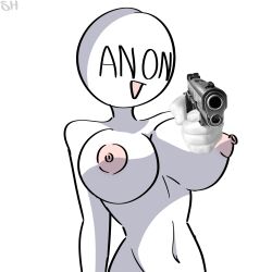 1girls anon anony_(spicyhxzel) anonymous anonymous_female bald bald_female bald_woman bare_shoulders big_breasts breasts cleavage english_text eyeless female female_only funny gun holding holding_weapon huge_breasts humanoid large_breasts meme naked navel nipples no_eyes nude nude_female nudity oc open_mouth pistol shadow shitpost simple_background solo solo_female spicyhxzel_(artist) text thin_waist topless watermark weapon white_background white_body white_skin