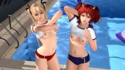 2girls 3d areolae blonde_hair blue_eyes breasts clothed clothing dead_or_alive dead_or_alive_5 dead_or_alive_xtreme_venus_vacation female_only green_eyes gym_shorts gym_uniform hair_ribbon kanna_(dead_or_alive) long_hair longpole looking_at_viewer marie_rose nipples petite pool pool_float poolside red_hair school_uniform shirt shirt_lift small_breasts sports_uniform standing twintails undressing