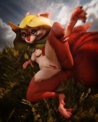 3d 3d_(artwork) 4_fingers anthro anus big_ears breasts cape claws clothing cloud cowl digital_media_(artwork) dota dota_2 feet female fingers fur genitals grass hi_res hood hoodwink_(dota) hybrid mammal nature nature_background nipples nude paws plant presenting pussy red_body red_fur rodent sciurid sladdoska solo tail_tuft toes tuft video_games white_body