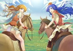 2girls :d absurdres ass back_view blue_eyes blue_hair blue_sky brown_hair brown_legwear cloud commission dress eyebrows_visible_through_hair female field fingerless_gloves fire_emblem fire_emblem:_radiant_dawn fire_emblem:_the_binding_blade from_behind gloves grass hat highres holding holding_reins horizon horse horseback_riding lilina_(fire_emblem) looking_at_viewer looking_back miniskirt mist_(fire_emblem) multiple_girls nintendo open_mouth orange_gloves panties panties_under_pantyhose pantyhose pantyshot pantyshot_(sitting) reins riding saddle scarf short_dress short_sleeves skeb_commission skirt sky smile souto_(0401) underwear upskirt white_panties wind wind_lift