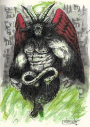 2017 anthro balls baphomet_(deity) beard bovid caprine caprine_demon cuneiform deity demon erection facial_hair fire genitals goat_demon hooves horn living_penis male mammal mane monster navel nipples nude pecs penis pentagram reptile scalie snake snake_penis solo tuskforce unusual_anatomy unusual_genitalia unusual_penis wings