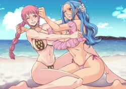 2girls beach bikini_armor blue_eyes brown_eyes catfight earrings female female_only hair_pull kakutou_oukoku kneeling large_breasts long_hair medium_hair multiple_girls nefertari_vivi one_eye_closed one_piece pink_hair ponytail princess rebecca_(one_piece) royalty solo_female sweat thick_thighs thighs uncensored underwear wide_hips