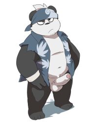 2022 anthro balls belly black_body black_nose clothed clothing erection genitals giant_panda humanoid_genitalia humanoid_penis kemono male mammal navel open_clothing open_shirt open_topwear penis shirt simple_background slightly_chubby solo tekimi topwear ursid white_background white_body