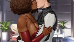 1boy 1girls afro amber_(stellar_dream) breasts breasts_on_chest closed_eyes dark-skinned_female dark_skin dress embrace female hugging interracial kissing light-skinned_male light_skin male male/female red_dress spacesuit stellar_dream winterlook