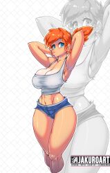 1girls abs alternate_breast_size armpits arms_behind_head arms_up asymmetrical_hair blue_eyes blush breasts creatures_(company) denim denim_shorts female female_only game_freak gen_1_pokemon gym_leader hair_tie highres huge_breasts jakuro_art kasumi_(pokemon) large_breasts legs looking_at_viewer midriff muscular navel nintendo open_mouth orange_hair parted_lips pokemon pokemon_(game) pokemon_lgpe pokemon_rgby ponytail pose posing sensual sexy_armpits shirt short_hair short_shorts shorts side_ponytail solo thick_thighs thighs white_shirt