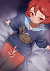 amog arezu_(pokemon) blue_jacket blush closed_mouth collarbone cum cum_on_clothes female from_above highres jacket long_sleeves looking_at_viewer pantyhose pokemon pokemon_(game) pokemon_legends:_arceus red_eyes red_hair red_legwear short_hair smile solo