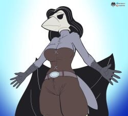 1girls 2d artist_name big_breasts black_hair breasts cape_removed clothed clothing feathers female female_focus female_only female_solo fours_(artist) grey_feathers harry_amorós highres ingrid_the_plague_doctor long_hair plague_doctor removing_clothing solo solo_female thighs viewed_from_below