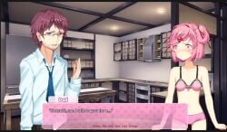 1boy 1girls a_month_with_natsuki blue_tie bra dadsuki ddlc_text_box doki_doki_literature_club duo female kitchen moments_before_disaster natsuki_(doki_doki_literature_club) panties pink_bra pink_eyes pink_hair pink_panties scared_expression scared_look scared_shitless speaking text text_box the_bike tie white_shirt