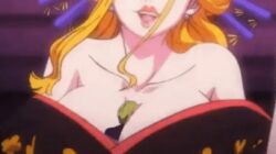 1boy 1girls animated beast_pirates between_breasts black_maria blonde_hair female giantess huge_breasts lipstick male one_piece onepiecefan42 sanji size_difference