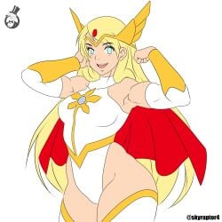 1girls 2020 2020s adora armor armpits artist_name bikini_armor blonde_female blonde_hair blue_eyes bracer cape female female_focus female_only flexing hourglass_figure leotard long_hair looking_at_viewer muscles muscular muscular_female open_mouth platinum_blonde_hair presenting red_cape she-ra she-ra_and_the_princesses_of_power simple_background skyraptor smile solo solo_female thick_thighs tiara very_long_hair watermark white_background white_leotard wide_hips