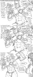 1boy 2girls abs annoyed bb_(baalbuddy) big_bulge big_pecs big_penis breasts bulge bulge_through_clothing comic dialogue elden_ring fromsoftware funny malenia_blade_of_miquella miniature_ranni monochrome muscular muscular_male nipples nude nude_female ranni_the_witch sitting_on_shoulders stitched tarnished topless tsundere wholesome