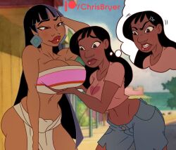 2girls big_breasts black_hair breast_envy breasts brown_eyes chel chrisbryer cleavage crossover dark-skinned_female dark_skin denim denim_bottomwear denim_shorts disney dreamworks hawaiian holding_breasts jealous jorts large_breasts latina lilo_and_stitch midriff multiple_girls nani_pelekai native native_american plump_lips straight_hair the_road_to_el_dorado