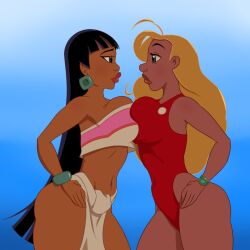 2girls big_breasts black_hair blonde_hair breasts breasts_to_breasts chel chrisbryer crossover dark-skinned_female dark_skin disney dreamworks female hawaiian human lifeguard_(lilo_and_stitch) lilo_and_stitch native native_american one-piece_swimsuit swimwear the_road_to_el_dorado wristwear