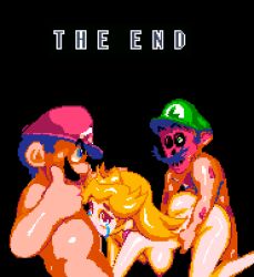 1girls 2boys ahe_gao angry black_background blonde_hair blue_eyes breasts brown_eyes cap creepypasta crown crying doggy_style earrings edit female from_behind gore green_eyes hat house_of_horrorbrews i_hate_you.exe long_hair looking_at_viewer luigi male mario mario_(series) meme moustache nintendo nipples nude oral pixel_art princess_peach sex spitroast straight super_mario_world threesome thumbs_up yev-san