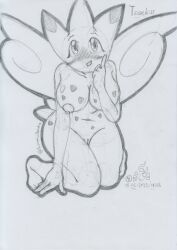 2022 anthro big_breasts blush bodily_fluids breasts feet female genital_fluids genitals graphite_(artwork) kneeling leaning leaning_forward lunaris_parukia markings navel nintendo nipples nude pokémon_(species) pokémorph pokemon pussy pussy_juice solo togekiss traditional_media_(artwork) video_games wings