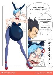 belly big_belly big_breasts blue_hair breasts bulma_(bunny) bulma_briefs bunnysuit cleavage dragon_ball dragon_ball_z female female_focus hyper_pregnancy male plus1b pregnant tight_clothing tight_fit torn_clothes vegeta