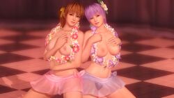 2girls 3d ayane_(doa) big_breasts breasts brown_eyes brown_hair dead_or_alive female female_only hourglass_figure human kasumi_(doa) large_breasts light-skinned_female light_skin longpole looking_at_viewer nude_female purple_hair red_eyes short_hair