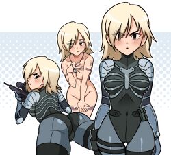 1girls ass ass_focus blonde_hair bodysuit breasts completely_nude covering_breasts covering_crotch dog_tags embarrassed_nude_female genderswap genderswap_(mtf) gun iwonder large_breasts metal_gear metal_gear_solid metal_gear_solid_2 nude_female on_stomach raiden raiden_(metal_gear) rule_63 sniper_rifle tattoo thick_thighs tight_clothing