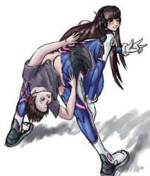 1boy 1girls anal_vore asian asian_female ass belly big_belly blush brown_hair clothing d.va female female_focus jerma985 overwatch same_size_vore torn_clothes unwilling_prey vore yemeyami