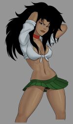 black_hair cheshire dc dc_comics jade_nguyen looking_at_viewer miniskirt no_panties school_uniform skirt slutty_outfit something_unlimited sunsetriders7 tagme tied_shirt young_justice