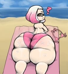 1girls alternate_ass_size bikini bikini_bottom bikini_top bottom_heavy huge_ass hyper_ass inkling musk nintendo partially_clothed pearl_(splatoon) short_hair shortstack sideebi solo solo_female splatoon splatoon_2 steam sweat thick_thighs