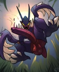 1boy antennae_(anatomy) anthro arthropod ass balls big_balls big_penis claws fangs feet foreskin genitals hi_res insects jumping kha'zix league_of_legends looking_down_at_viewer male male_only mantis meatshaq penis perspective pounce riot_games smile solo toe_claws video_games