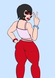 big_ass black_hair bracelet earrings evie_(fortnite) female fortnite glasses hair lipstick mudamura peace_sign solo sunglasses tank_top tattoo tight_clothing tight_pants tinted_eyewear track_pants