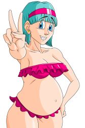 1girls belly big_belly big_breasts bikini blue_hair breasts bulma_briefs bulma_briefs_(frieza_saga) chrisbryer cleavage dragon_ball dragon_ball_z female navel outie_navel peace_sign pregnant solo_female swimsuit thighs