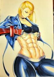 1girls abs blonde_hair blue_eyes breasts cammy_white choker clothing female female_only fully_clothed gloves handdrawn hands_on_breasts jacket looking_down muscular muscular_female octavius_dp pants solo sports_bra street_fighter street_fighter_6 tagme thick_thighs