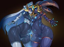 2futas alma_(pochincoff) areolae balls black_hair black_skin blue_eyes blue_nipples blue_penis bottom_heavy breasts censored duo foreskin futa_only futa_with_futa futanari gold helmet humanoid humanoid_penis intersex iota_(pochincoff) long_hair mostly_nude nipples nude nude_futanari penis pochincoff pose pregnant pregnant_futa pregnant_robot robot robot_futa robot_girl standing symmetrical_docking thick_thighs uncircumcised uncut white_hair wide_hips