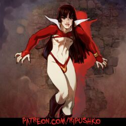 1boy against_wall androgynous bangs blood boots bracelet bulge dynamite_comics earrings femboy feminine_male high_collar lips long_hair male male_only nipples red_eyes ripushko rule_63 solo thong toned_male vampirella