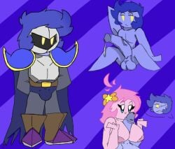 2022 alien anthro armor balls batzcave big_breasts blush bodily_fluids breast_play breast_squish breasts clothed clothing cum cum_drip digital_media_(artwork) duo erection female genital_fluids genitals hair handwear humanoid kirby kirby_(series) male male/female mask meta_knight nintendo nipples not_furry nude open_mouth paizuri penis pink_body sex simple_background smile solo squish titjob video_games